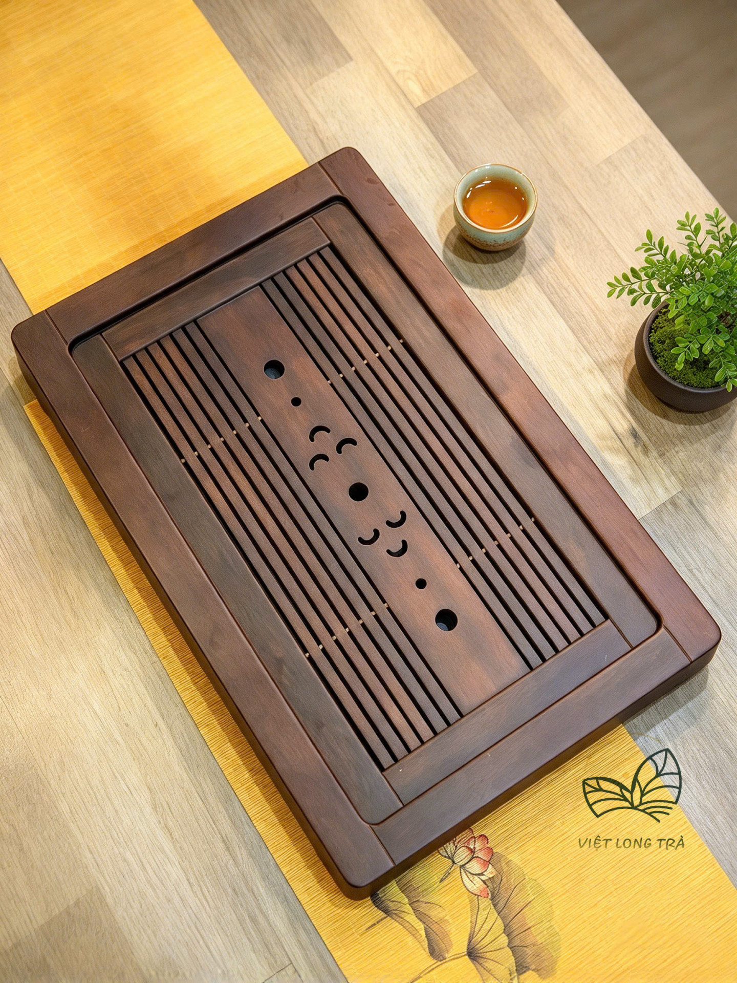 PREMIUM EBONY WOOD TEA TRAY - WITH PLASTIC DRAINAGE CHANNEL - SIZE 59X39X7CM