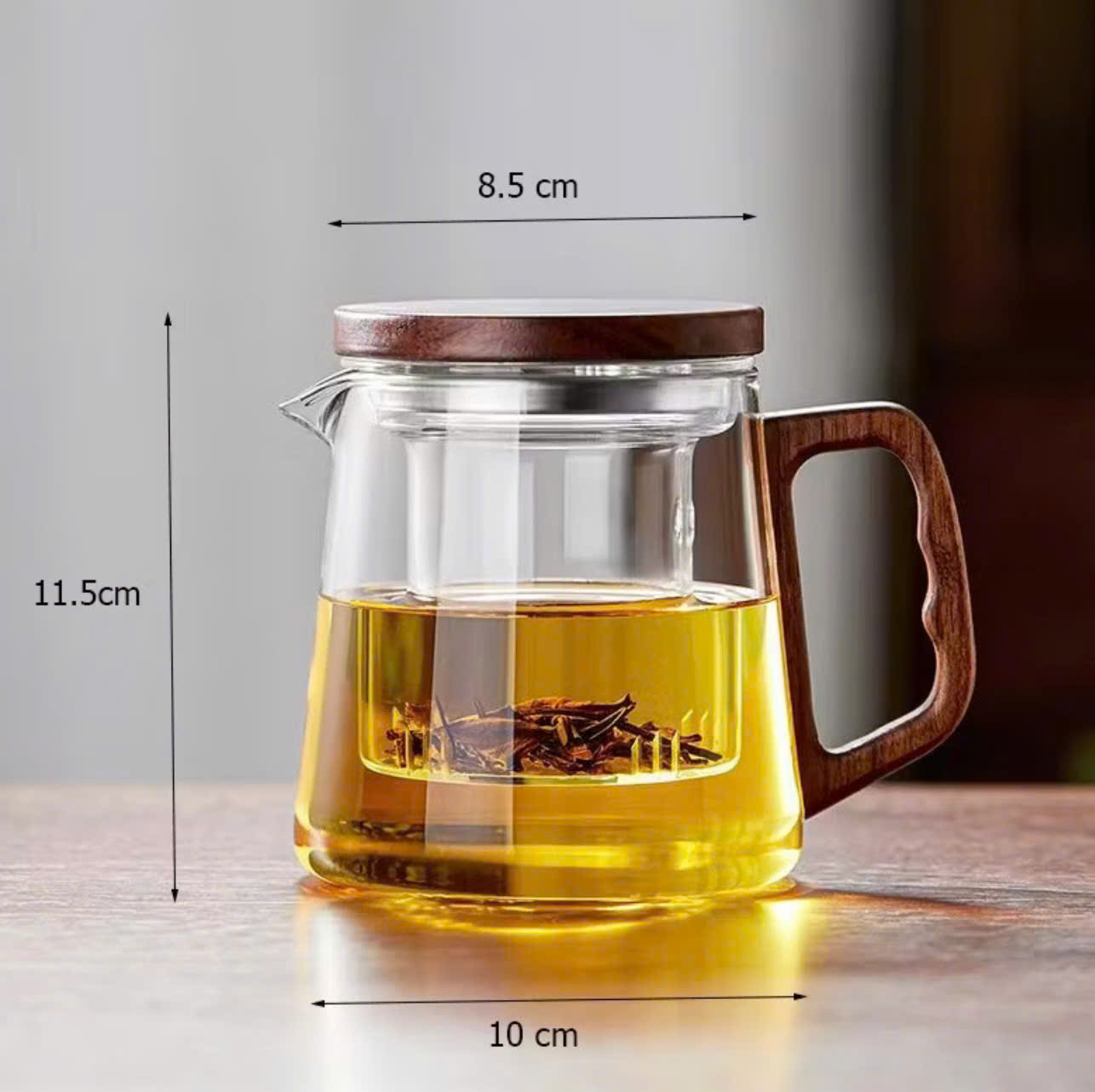 ẤM PHA TRÀ THỦY TINH CÓ LÕI LỌC TRÀ - NẮP TRÀ BẰNG GỖ TỰ NHIÊN - DUNG TÍCH 600ML