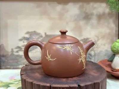 QINZHOU NIXING CERAMIC QINQUAN TEAPOT WITH CARVED BAMBOO - ARTISAN ZHU YONGKAO - 150ML - HANDMADE TEAPOT