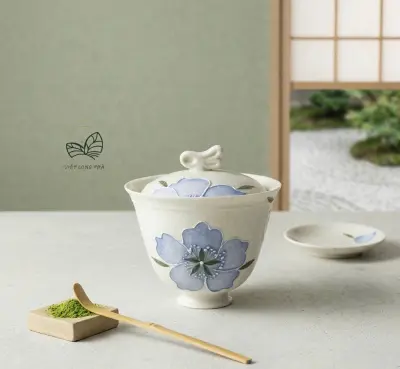 WHITE MINERAL STONE BREWING GAIWAN - HANDMADE APRICOT BLOSSOM PAINTING - CAPACITY 110ML