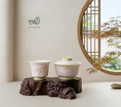 WHITE MINERAL STONE GAIWAN WITH CARVED PEONY - CAPACITY 120ML - GAIWAN