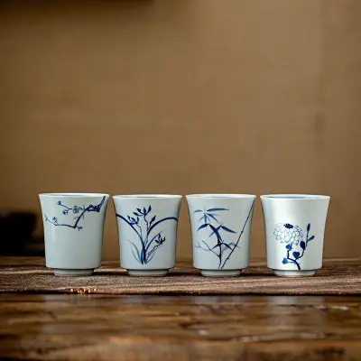 JINGDEZHEN PORCELAIN TEACUP - HAND-PAINTED FOUR SEASONS MOTIF - 100ML - PREMIUM TEACUP