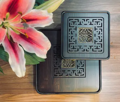 SMOKED BAMBOO TEA TRAY - SQUARE MODEL - HIGH DURABILITY - 23X6CM - SMALL SIZE