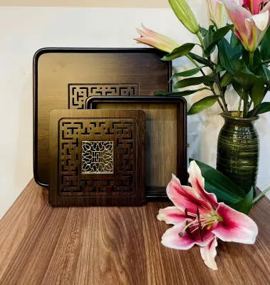 SMOKED BAMBOO TEA TRAY - SQUARE DESIGN - HIGHLY DURABLE - 28.5X6CM - MEDIUM SIZE
