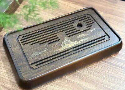 Smoked Bamboo Tea Tray "Landscape" — Small Size 30 × 18 × 4 cm — With Drainage Base — Drainage Hose