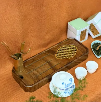 Tea Tray "Golden Lotus" in Rosewood — With Drainage Base — High Durability
