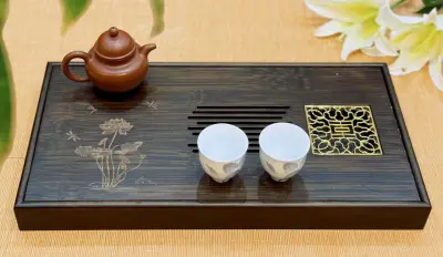 Smoked Bamboo Tea Tray — Carved Lotus and Dragonfly — Large Size — 40 × 21 × 5 cm