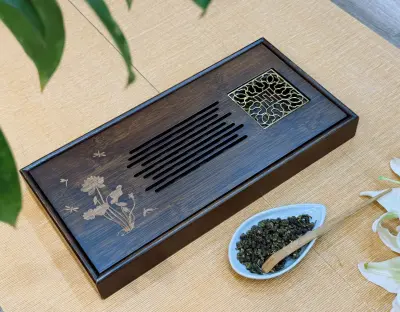 Smoked Bamboo Tea Tray — Carved Lotus and Dragonfly — Medium Size — 36 × 28 × 5 cm