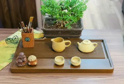 CẨM TÚ TEA TRAY - SOLID BAMBOO - WALNUT-LACQUERED SURFACE - MEDIUM SIZE 60X32X3CM