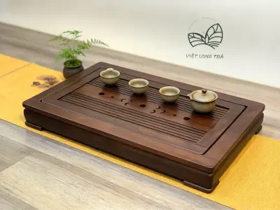 PREMIUM EBONY WOOD TEA TRAY - WITH PLASTIC DRAINAGE CHANNEL - SIZE 59X39X7CM