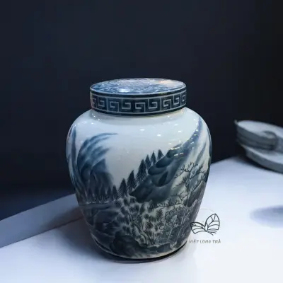 PORCELAIN TEA CADDY WITH MOUNTAIN-FOREST MOTIF - 2200ML - DEDICATED TEA STORAGE JAR