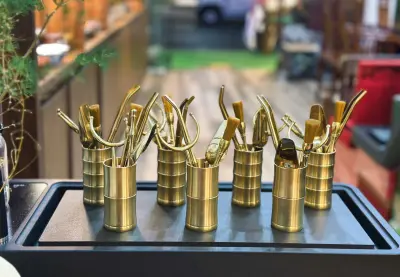 BRASS BAMBOO-SHAPED TEA TABLE TOOL SET - 5 PIECES - DURABLE - LUXURIOUS