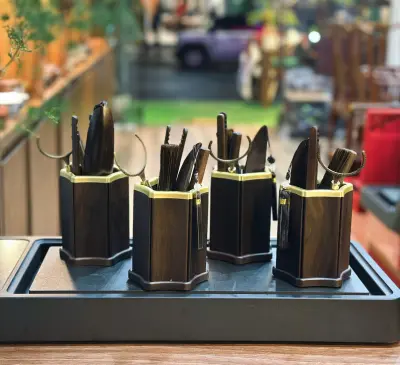 HEXAGONAL NATURAL WOOD TEA TOOL SET, DURABLE - 5 PIECES
