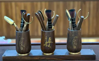 SANDALWOOD ROUND TUBE TEA UTENSIL SET, 5 PIECES