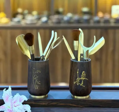 SANDALWOOD ROUND TUBE TEA UTENSIL SET – 5 PREMIUM BRASS PIECES