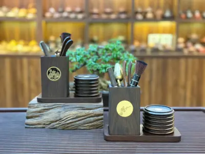 SQUARE TEA SET WITH BRASS-CORED CUP COASTERS - 7 PIECES - DURABLE EBONY WOOD