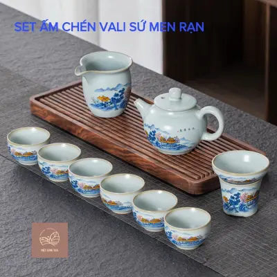 TEAPOT AND CUP SET, LANDSCAPE MOTIF, CRACKLE-GLAZED PORCELAIN — 4 PIECES — GONGFU TEA