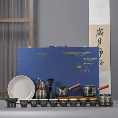 HORIZONTAL-HANDLE TEA SET — JIANGSU CERAMIC, ANTIQUE-STYLE GLAZE — 12-PIECE SET — GONGFU TEA