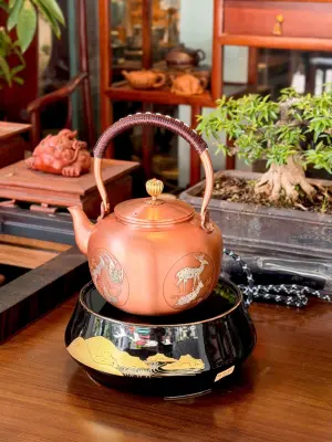 CERAMIC ELECTRIC STOVE SET - SILVER-PLATED BRASS KETTLE WITH FOUR SEASONS MOTIF - CAPACITY 1.6L